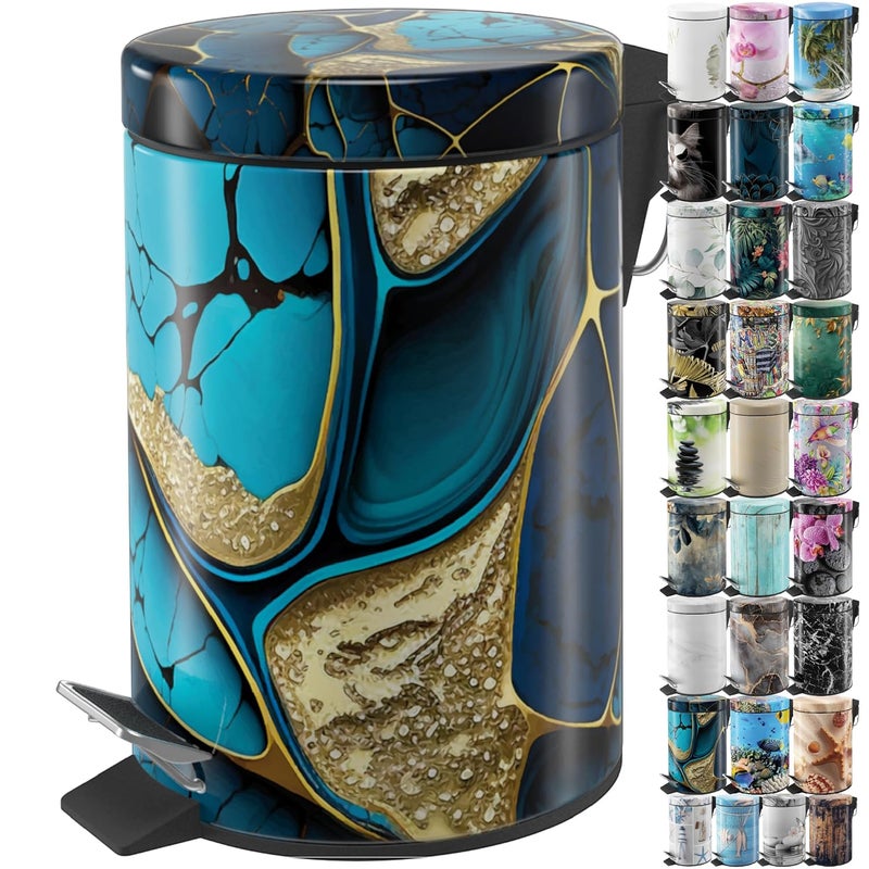 Sanilo Small Bathroom Trash Can with Lid [1.3 Gallon] - Lidded Tiny Trashcan for Garbage - Mini Metal Bin with Soft Closing Mechanism - Bath Room Accessoire Wastebin with Inner Bucket (Marble Cobalt) - Image 1
